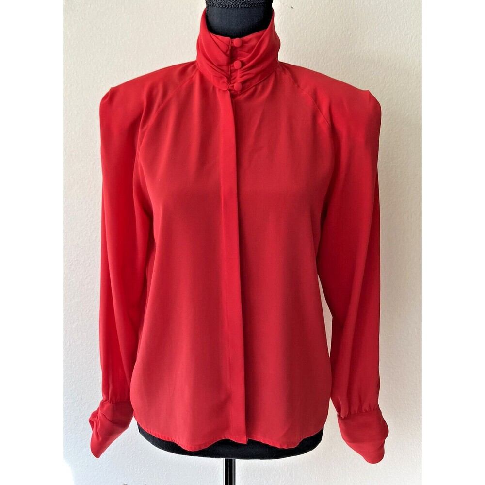 Vintage 1980s Bright Red High Neck Secretary Blouse with Shoulder Pads Petite 6